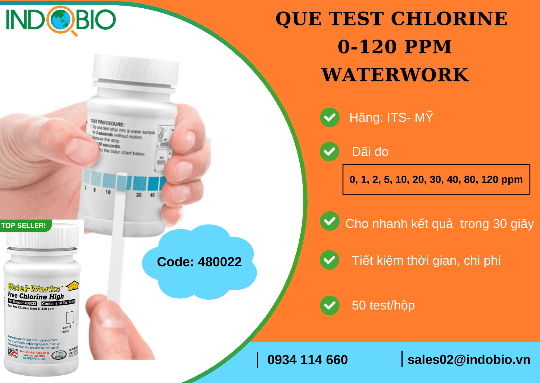 QUE TEST NHANH CLO DƯ TRONG NƯỚC VÀ DUNG DỊCH KHỬ TRÙNG 480022 WATERWORKS, THANG ĐO 0-120 PPM